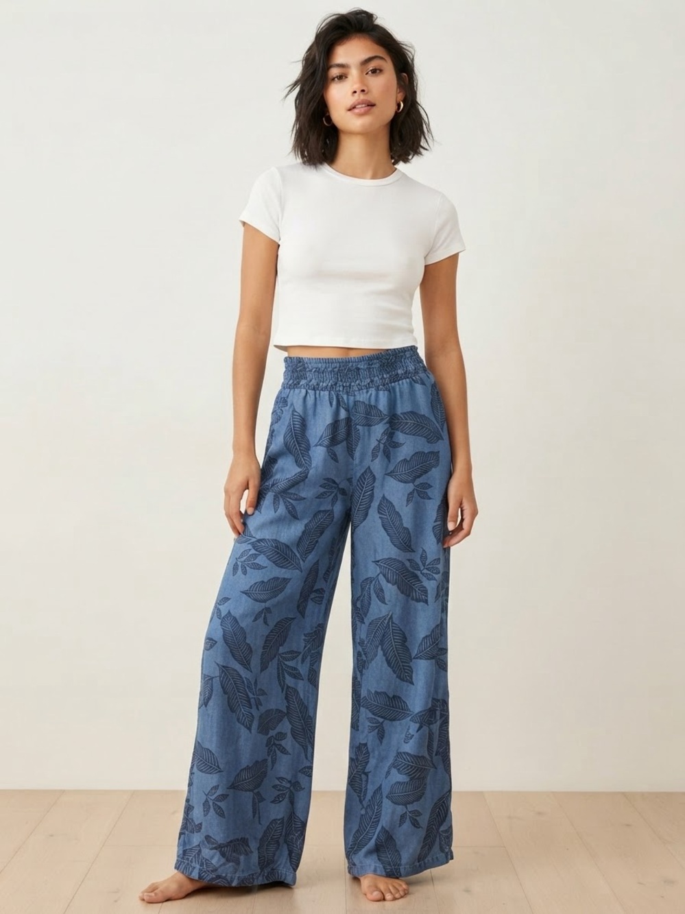 Land 'n Sea Blue Tropical Leaf Palazzo Pants Wide Leg Casual Festival